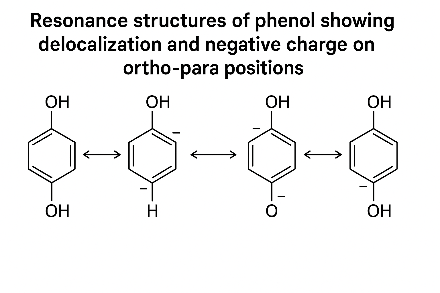 Resonance structures of phenol showing delocalization and negative charge on ortho-para positions